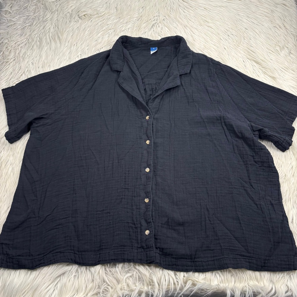 Old Navy Women's XL Black Cotton Gauze SS Button Front Shirt Beach Cabana Resort